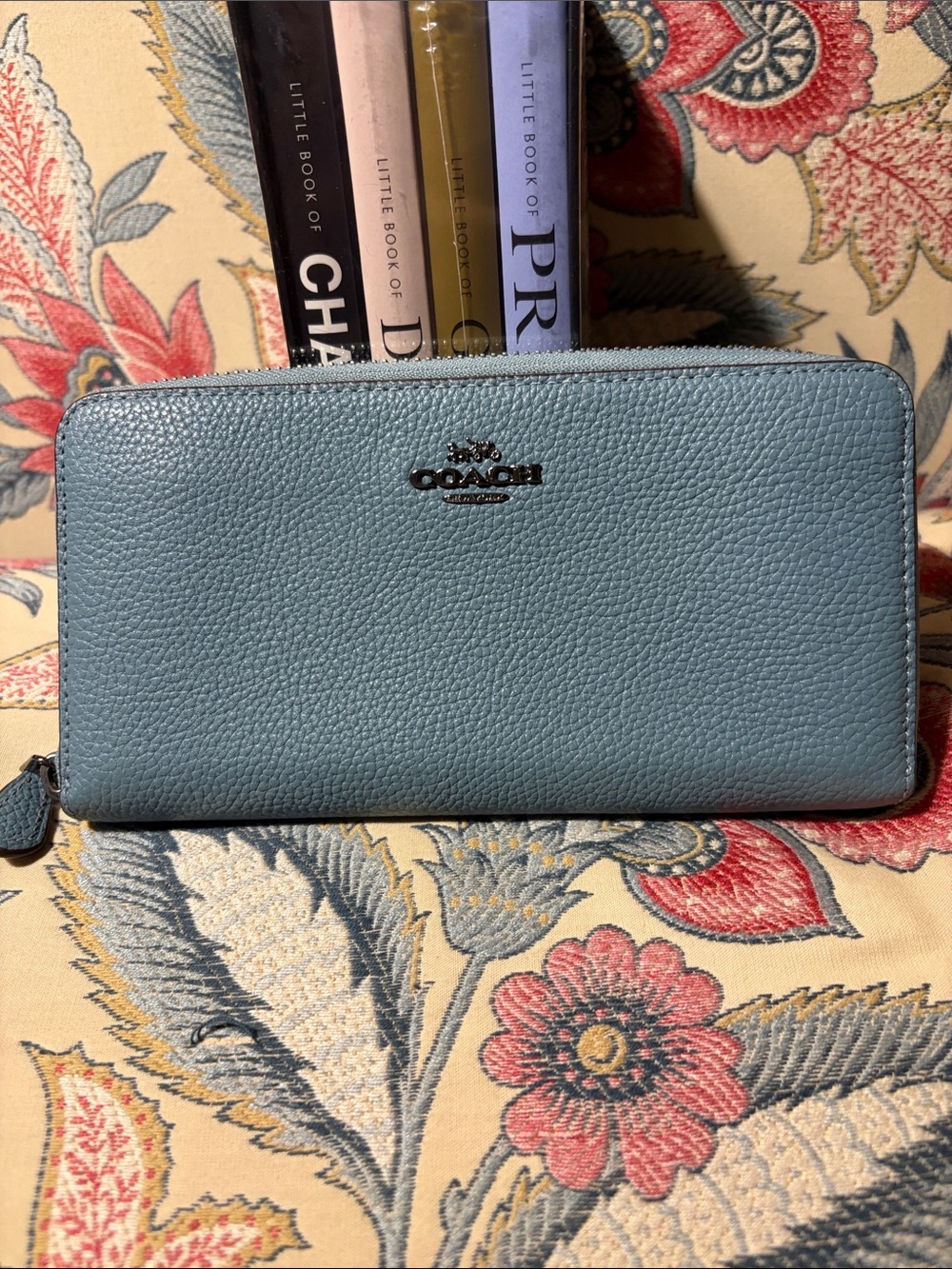Coach Zip-Around Pebbled Leather Wallet in Light Blue MSRP $298